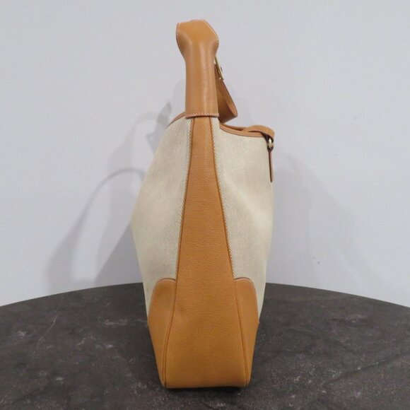 REINA Italian Leather Tan Leather Trim Beige Canvas Shoulder Bag - Picture 2 of 10